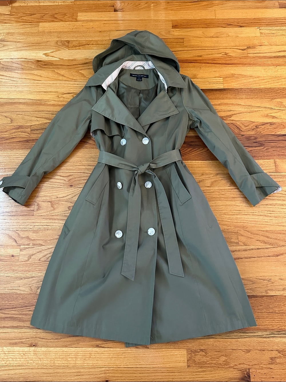 French Connection Light Olive Hooded Trench Coat with Belt Sz L
